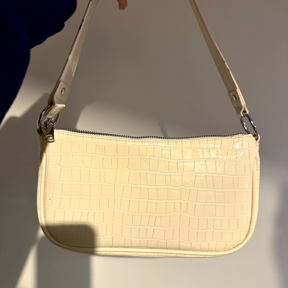 White faux crocodile skin handbag